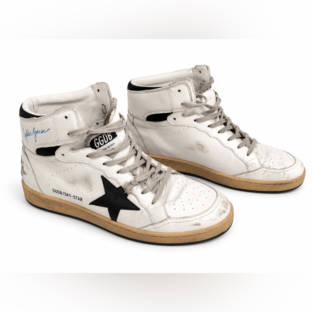 Golden Goose White and Black High-Top Sneakers with Tan Sole